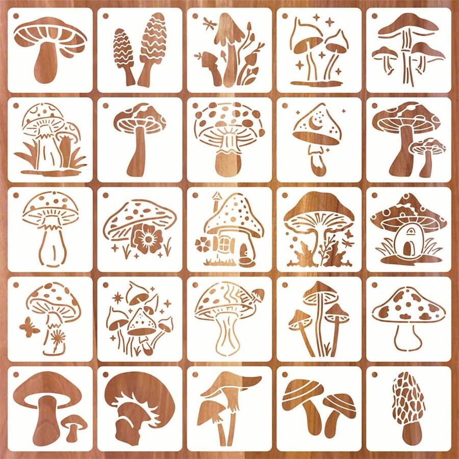 25 Pack 3 Inch Mushrooms Stencils Template, Reusable Boho Mushroom Moon Flowers Stencils For Painting On Wood, Canvas, Tile, Scrapbook, Fabric Decorations DIY Craft
