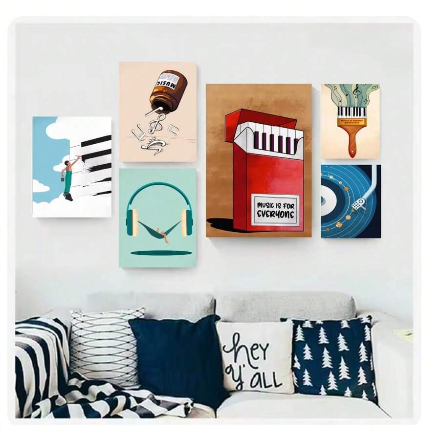 1 pieza Póster de arte de pared con pintura vintage abstracta y minimalista sin marco, de un piano de dibujos animados, guitarras y notas musicales, decoración moderna para sala de estar, dormitorio, sala de estudio, cafetería, sala de música y hogar
