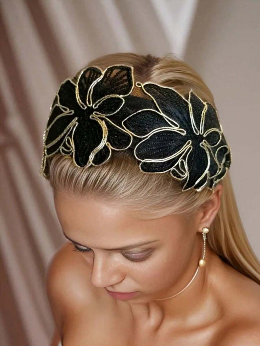 1 Pc Classical Netting Lace Wide-Brimmed, With Embroidered Retro Pattern As Decorative Headwear, Headpiece, Suitable For Women And Daily Use,Hairband,Hair Hoop Headbands