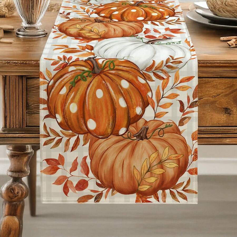 1pc Linen Pumpkin Print Table Runner, Simple Home Decor For Living Room Coffee Table, Autumn Farmhouse Style Decorative Cloth, Suitable For Thanksgiving/Halloween, Multi-Occasion