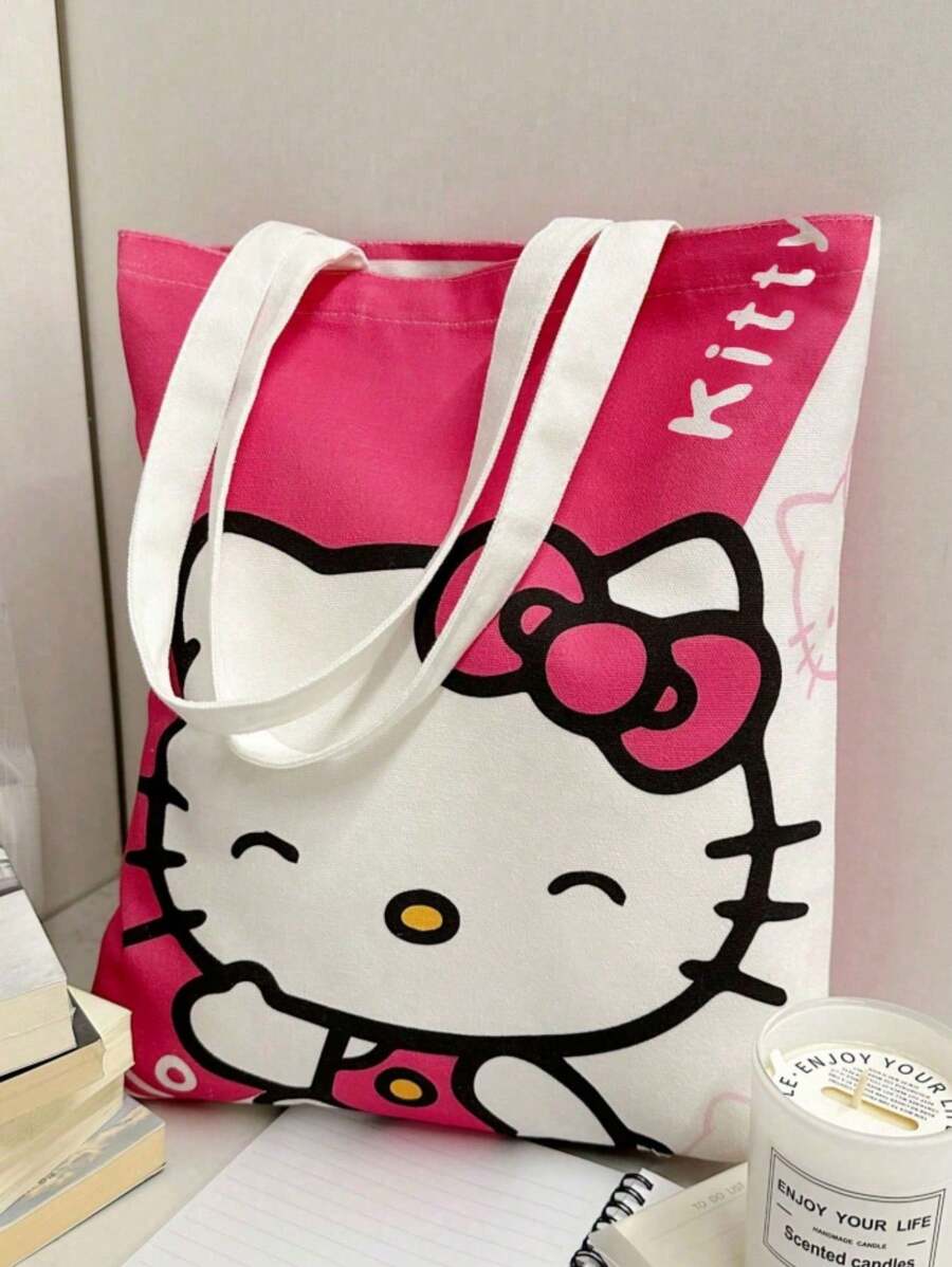 Sanrio 1 pieza Bolsa de lona con diseño de Kitty Cat de Sanrio, bolso de hombro de gran capacidad estilo estudiante, bolso de mano de dibujos animados para mujer