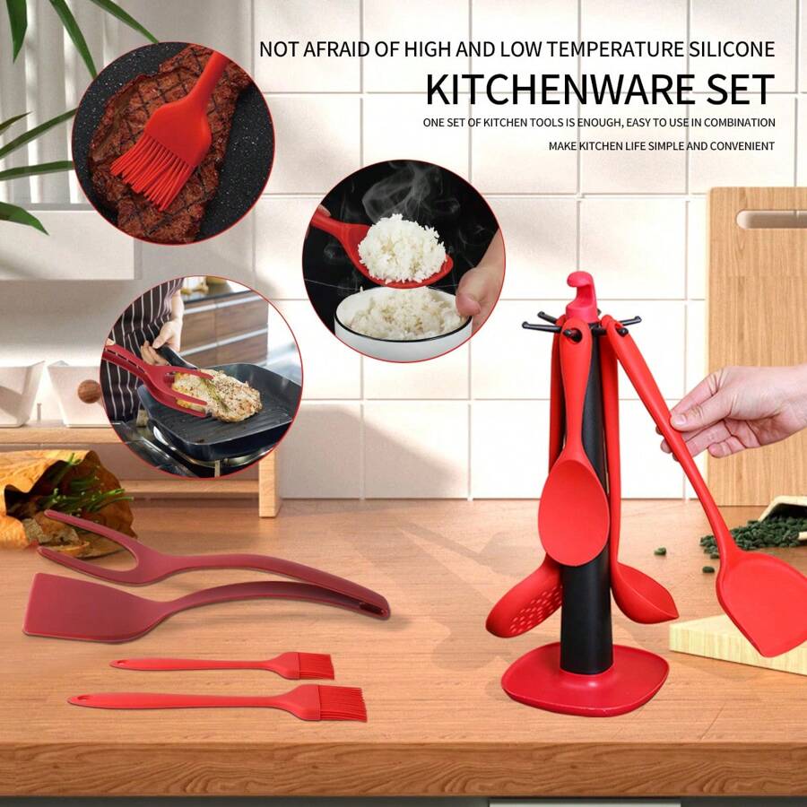 Kitchen Versatile Heat-Resistant Red Kitchenware Set Of Eight Pieces, Including Household Silicone Spatula, Soup Spoon, Frying Spatula, Strainer, Rice Spoon, Nylon Steak Clip, Silicone Oil Brush Large And Small/Non Stick Pan Frying Spatula, Silicone Spatula
