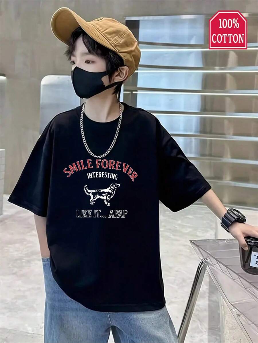 Boys Casual Printed Round Neck Short Sleeve T-Shirt Summer Student Young Kids Clothes - Cool English Letter T-Shirts Bring Joy And Happiness To Every Child!