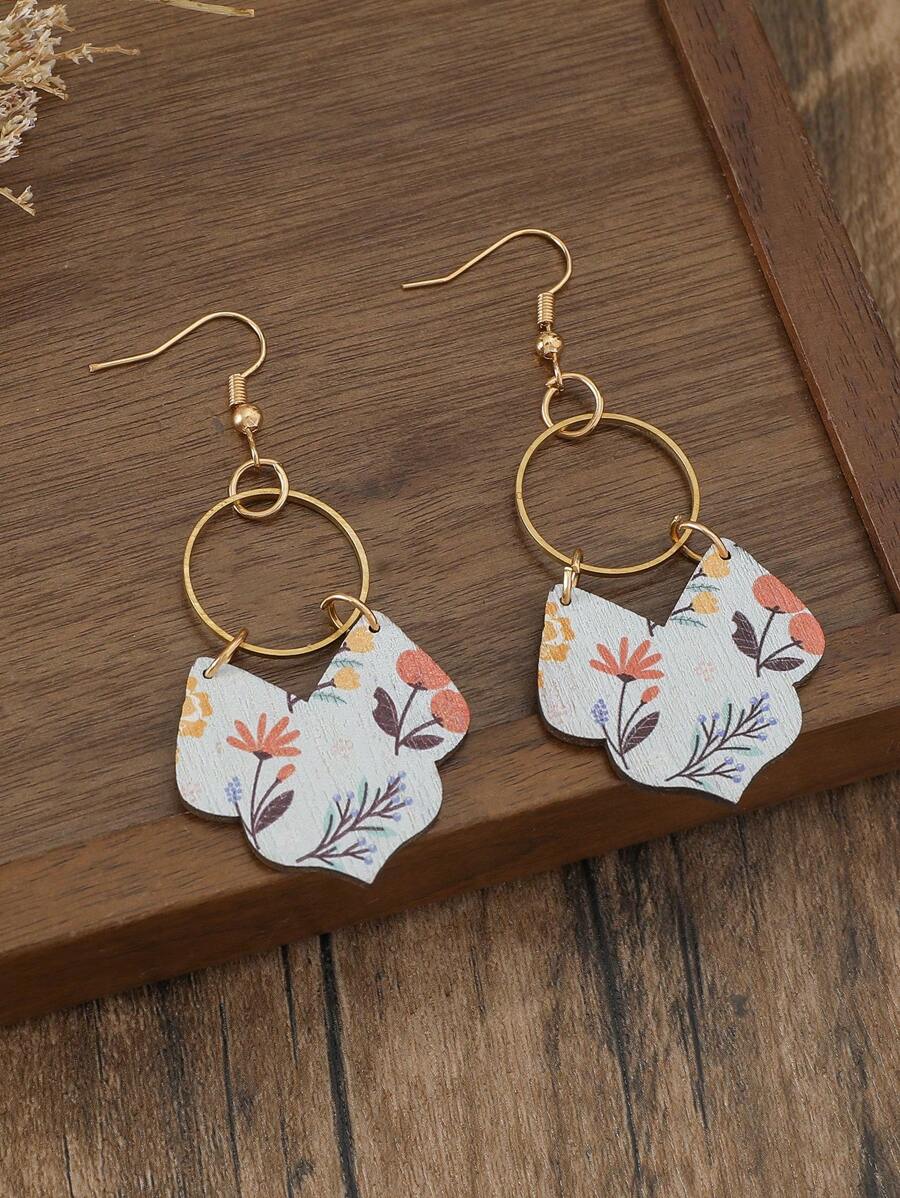 1 Pair Bohemian Floral Print Hoop & Wooden Slice Dangle Earrings, Copper Alloy Jewelry For Women, Metal Earring Hook Design, Suitable For All Seasons