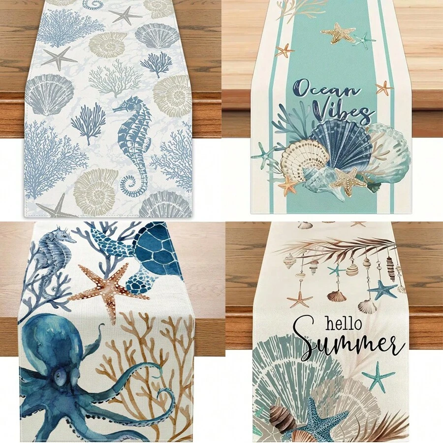 Summer Beach Table Runner & Tablecloth - Washable Reusable Polyester 13x36/48/72/90/108 Inch, Seashell & Starfish Ocean Design For Indoor Outdoor Dining & Coastal Decor, Durable Multi-Scene Home Accessories