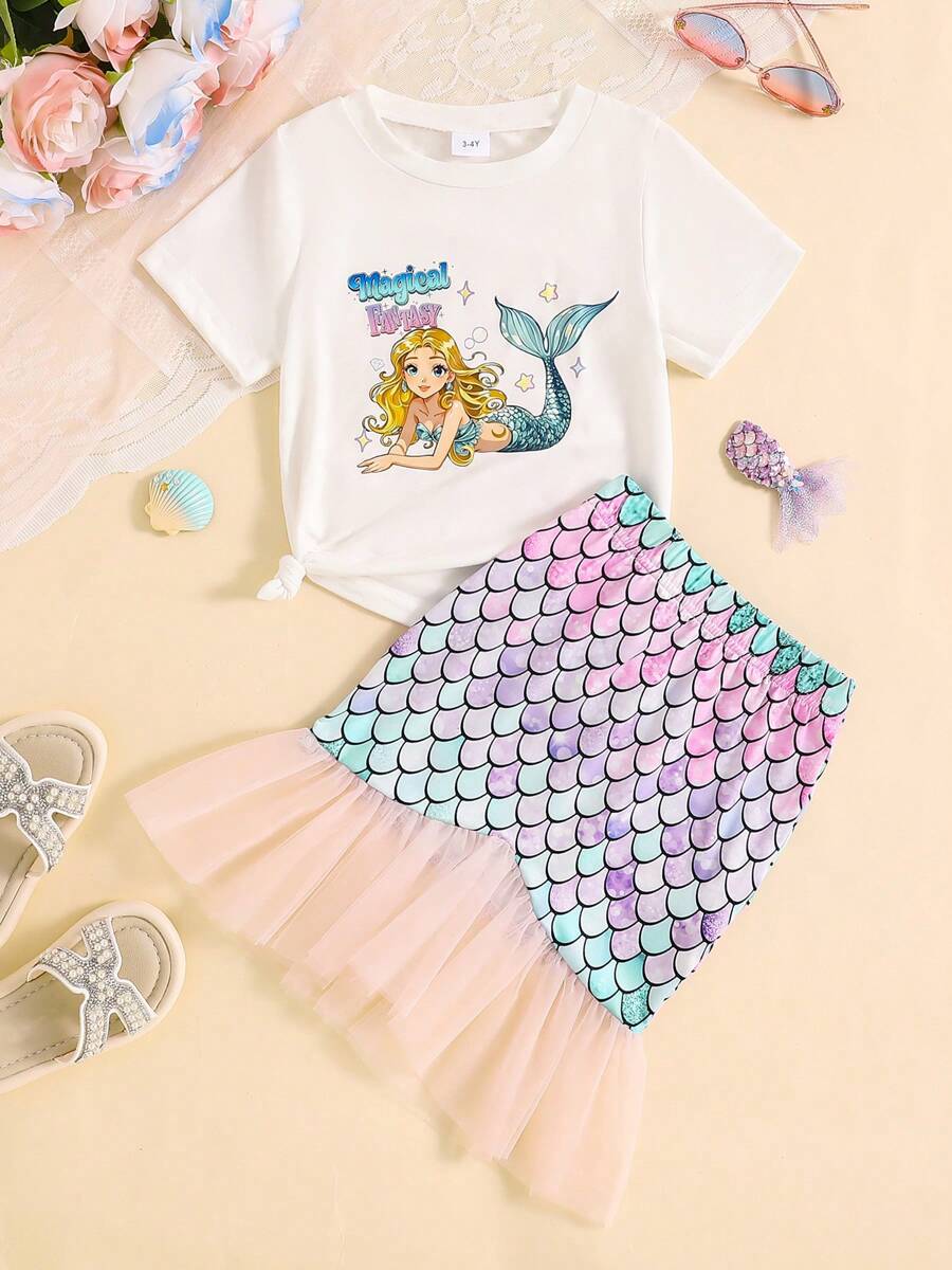 2 pièces/set Top à manches courtes avec imprimé princesse fantaisie et jolie jupe sirène en maille dégradée multicolore à écailles de poisson pour petites filles
