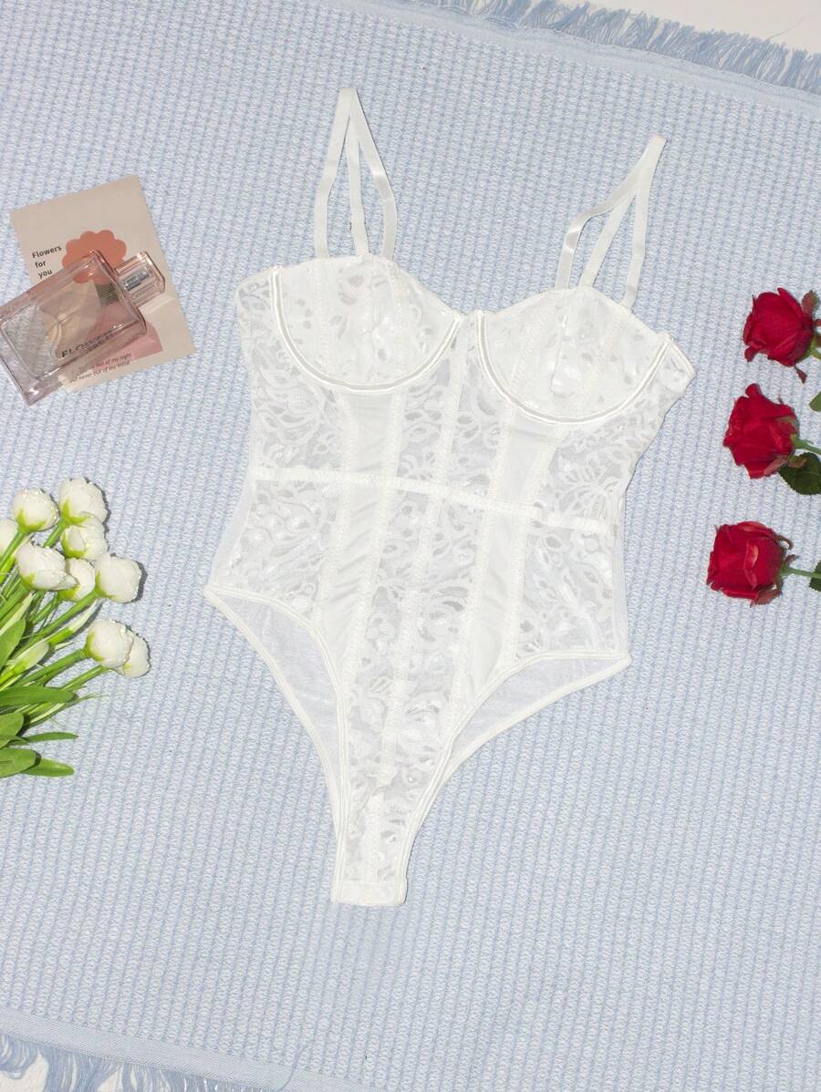 1pc Solid Color Sheer Contrast Lace Sleeveless Fitted Revealing Sexy Camisole Camisole Top