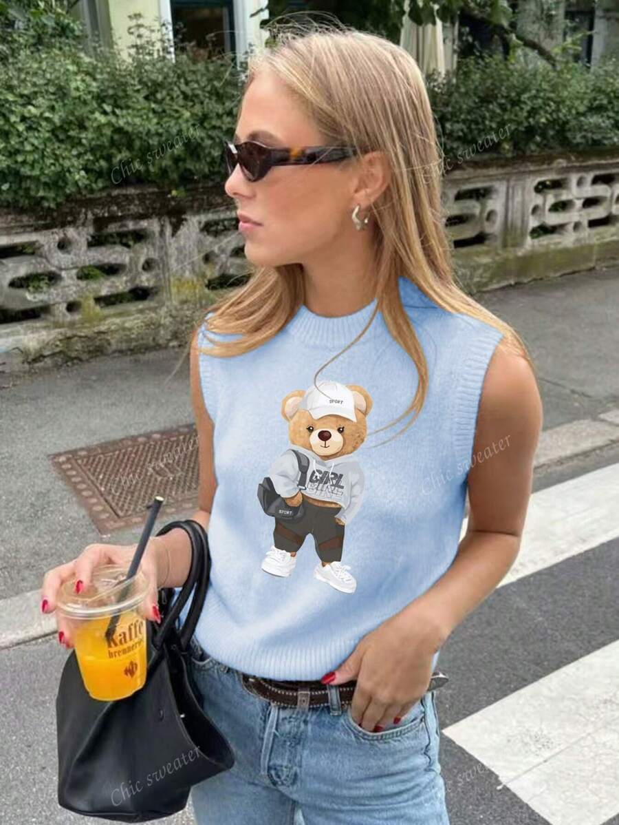 Nouveau débardeur rond pour femmes au motif imprimé d'un ours en peluche portant une casquette de baseball, pour le printemps et l'été. T-shirts d'été blancs, simples et élégants, adaptés pour les déplacements. Hauts en tricot d'été pour femmes