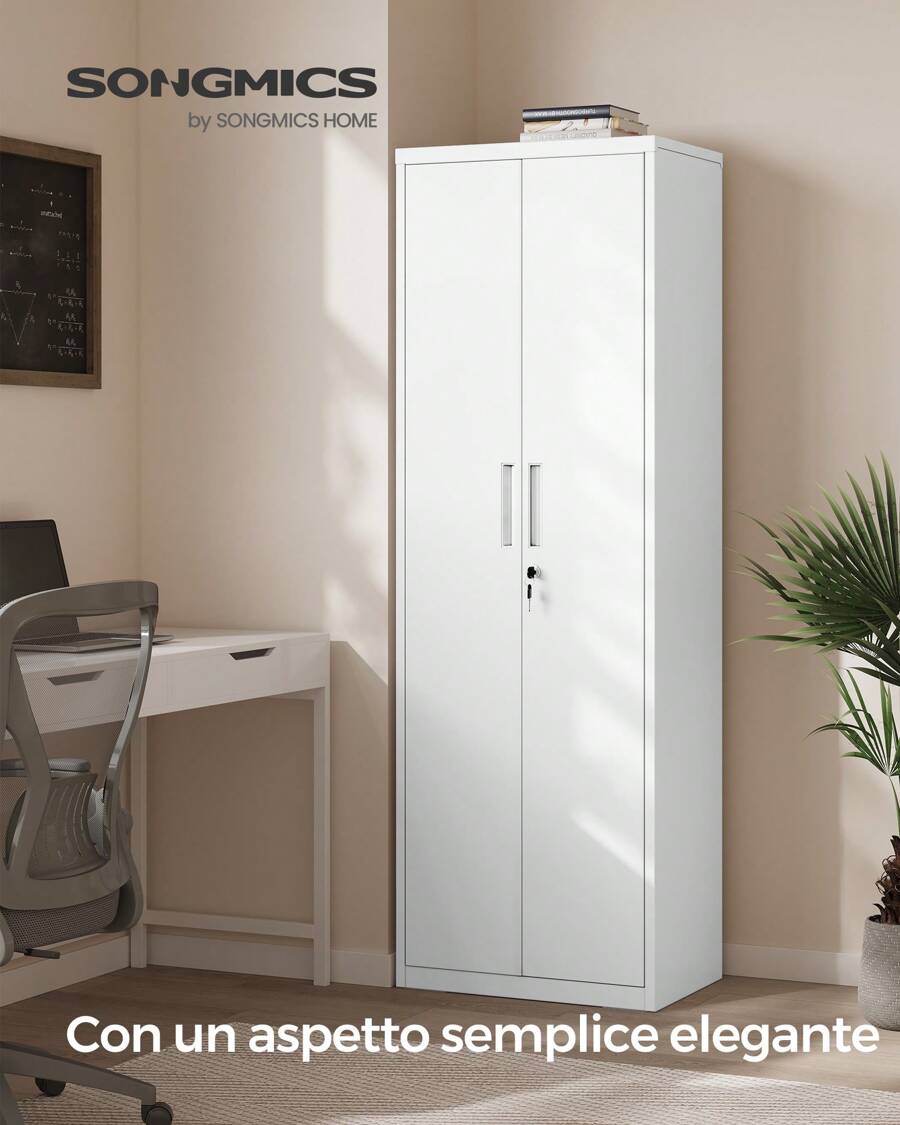 SONGMICS Armadio in Metallo, Armadietto Multiuso, con 5 Ripiani, Anta Doppia e Chiusura, Mobiletto per Strumenti, per Garage Ufficio Studio, Bianco Opaco