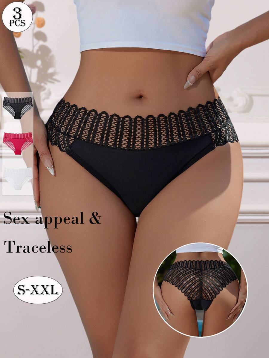 Aofeiqike 3 piezas de bragas de encaje de estilo europeo de alta calidad para mujeres, shorts cómodos y sexy de cintura media, ropa interior elegante y casual para damas, estimulante de la dopamina