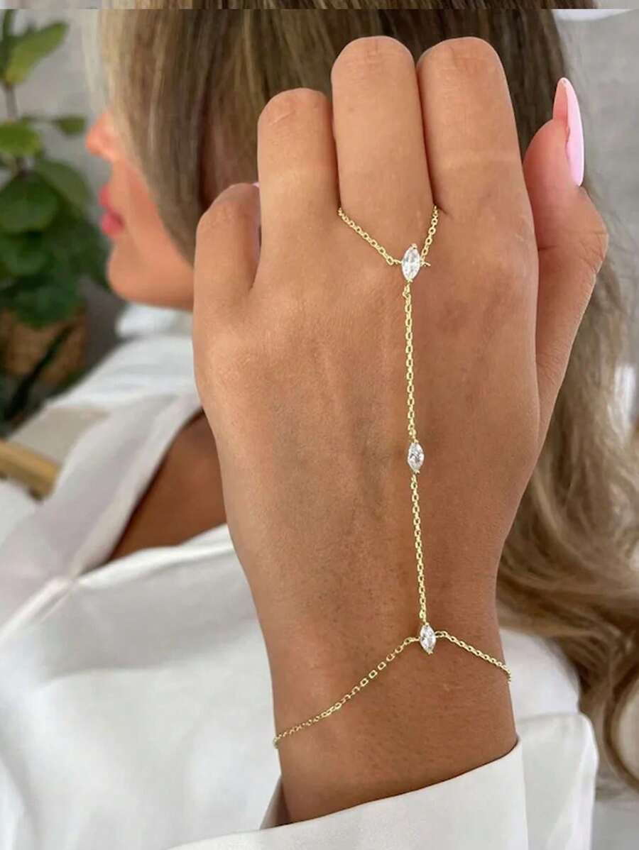 1 pieza Brazalete de mujer con hoja de diamante de estilo bohemio y cristal, brazalete de cadena fina simple para el dedo, accesorio de joyería como regalo