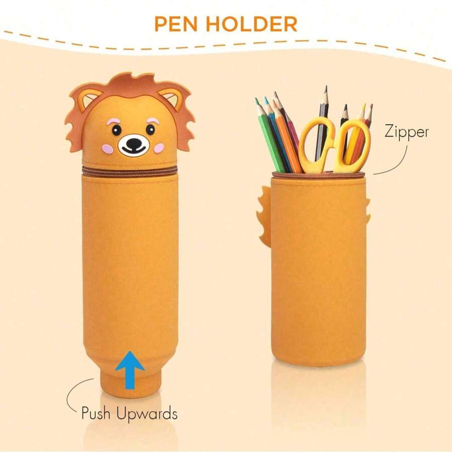 Astuccio per matite carino con stampa di leone/gattino, portapenne in silicone lavabile multifunzione, tazza di storage, articolo essenziale per il ritorno a scuola