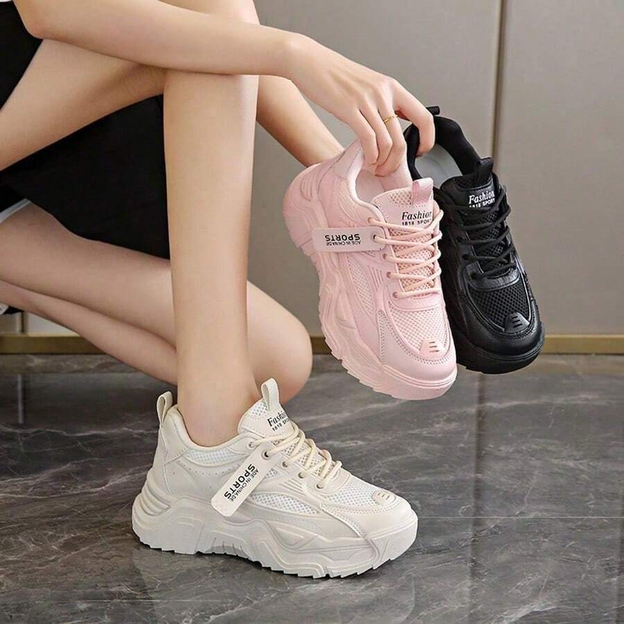 Dad's Shoes Korean Work Shoes Women's 2025 Spring New Ins T-Ide Pure Color Thick Bottom Net Casual Shoes