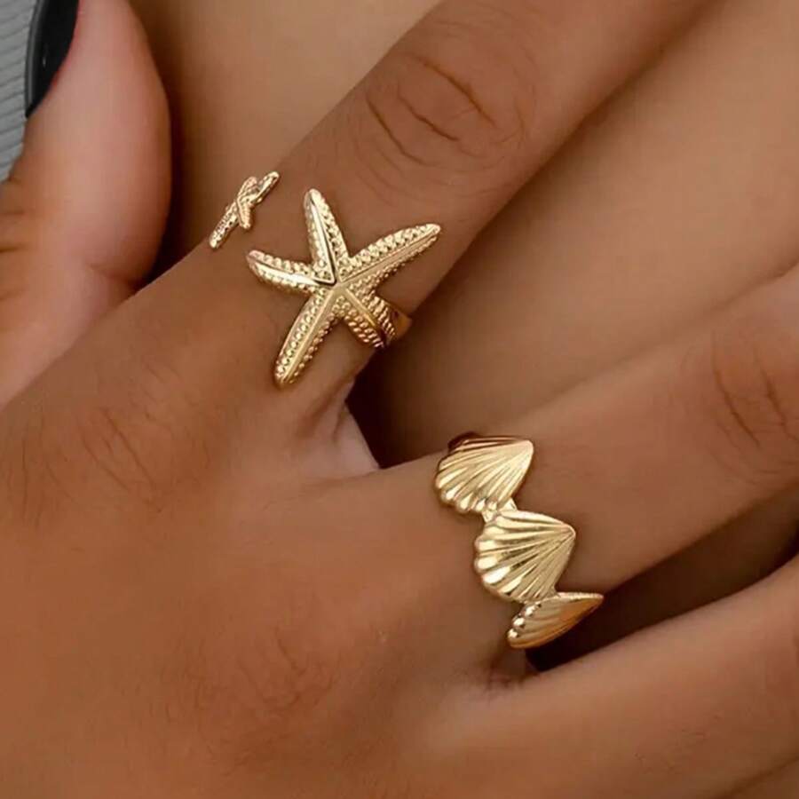 2pcs Metal Ocean Themed Adjustable Shell & Star Unique Design Statement Rings Set For Women