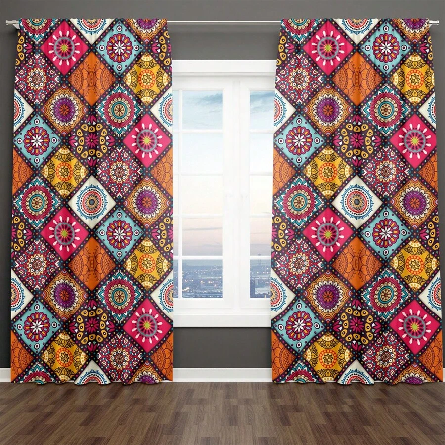 1Set/2pcs Colorful Bohemian Pattern Curtains, Polyester 100%Material Semi-Shading - UV Protection Polyester Drapes With Vibrant Mandala Print Patterns,These Window Drapes Provide Privacy And Serve As Decorative Elements For The Living Room