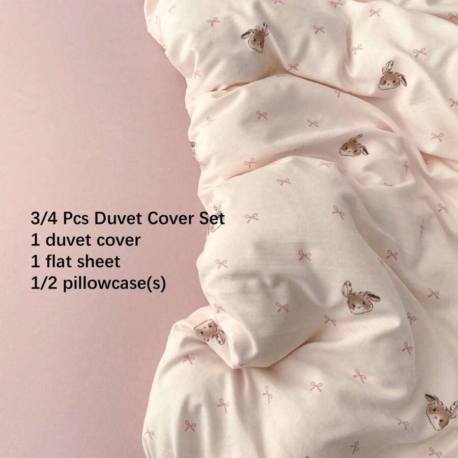 3/4pcs Pink Printed Bedding Set, Cute Rabbit & Bear Print Bedding Set For Girls, Cartoon Animal Soft Pink Bow Pink Heart Polyester Fabric Skin-Friendly Bedding Set (1 Duvet Cover + 1 Bedsheet + 1/2 Pillowcase, Without Filler)