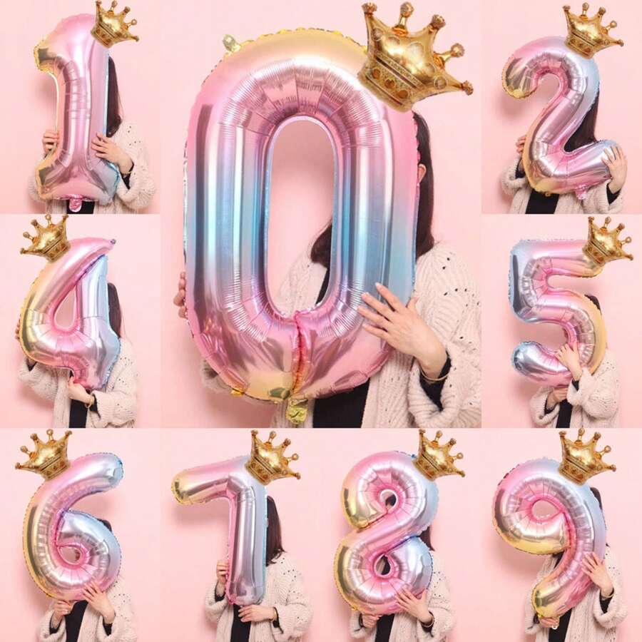 1pc 32-Inch Foil Gradient Number Crown Shape Balloon, Birthday Party Decoration, Baby Shower, Wedding Anniversary, Theme Party Decoration, Children's Birthday Decor Balloon