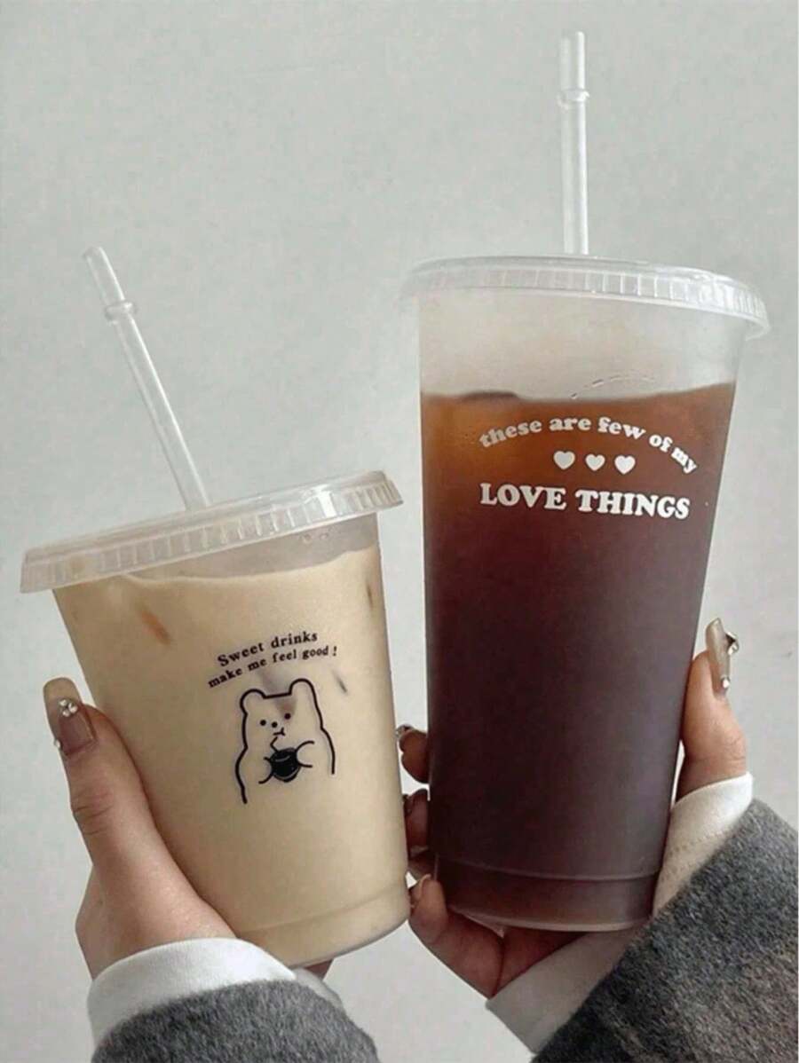 1 pièce Tasse à pailles en plastique avec lettres anglaises et ours, tasse d'eau en forme de cœur pour fille, tasse de café portable, tasse à jus