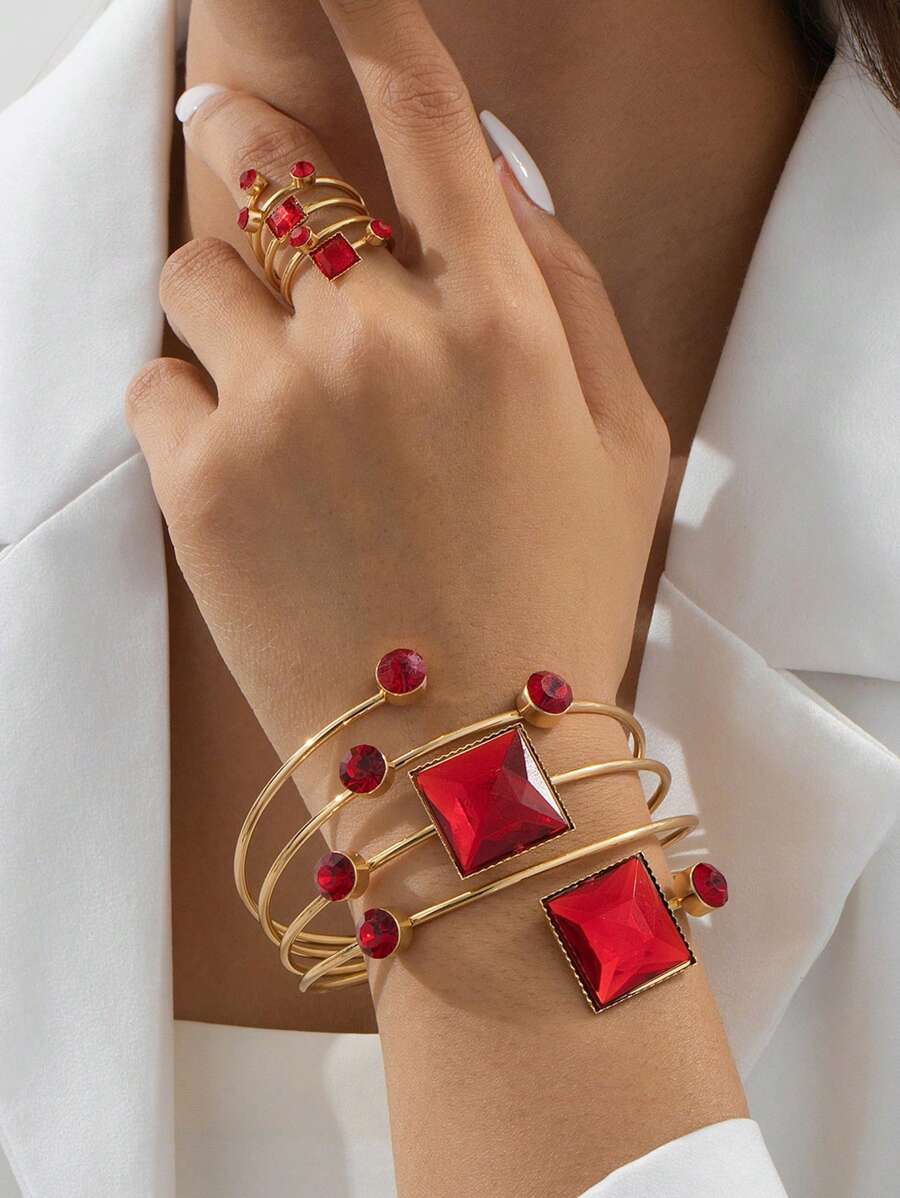 1 Conjunto de Joias de Pulseira e Anel Cristais Incrustados Linear Minimalista Multicamadas, Presente Ideal para o Dia dos Namorados para Mulheres