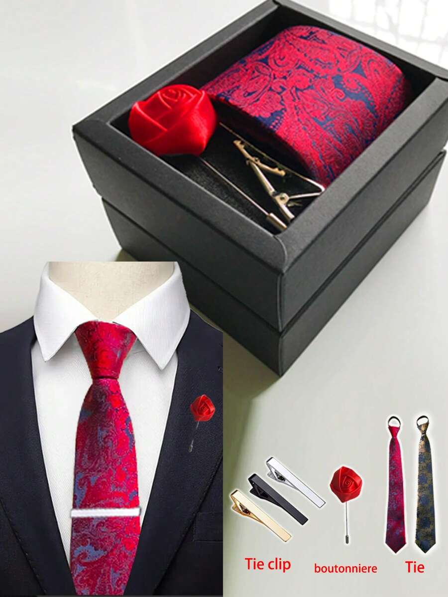 1 Set Classic Paisley Necktie Gift Box Including Necktie, Tie Clip, Boutonniere, High-End Business Formal Wear Suitable For Weddings, Father's Day, Friends Gifts, Meetings, Important Conferences
