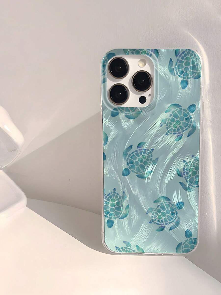1 pieza Funda de teléfono suave, brillante y transparente con diseño a prueba de agua, huellas dactilares y arañazos con patrón de tortuga marina y olas de agua de verano fresco