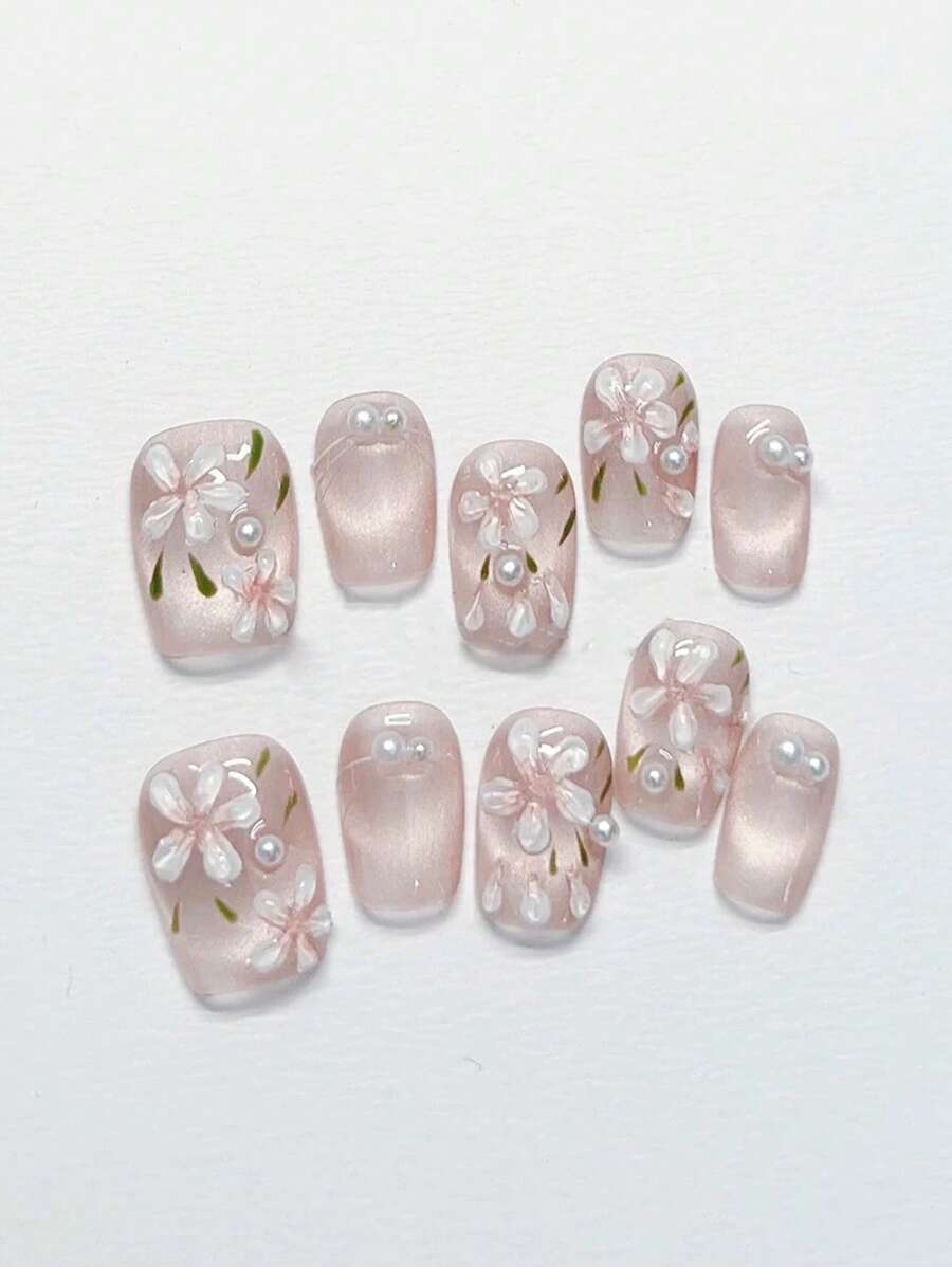 10pcs Hand-Painted 3D Flower Style Pearl Decorated Elegant Cat Eye Nail Tips, Pastel Pink Handcrafted Premium Nail Art, Spring/Summer