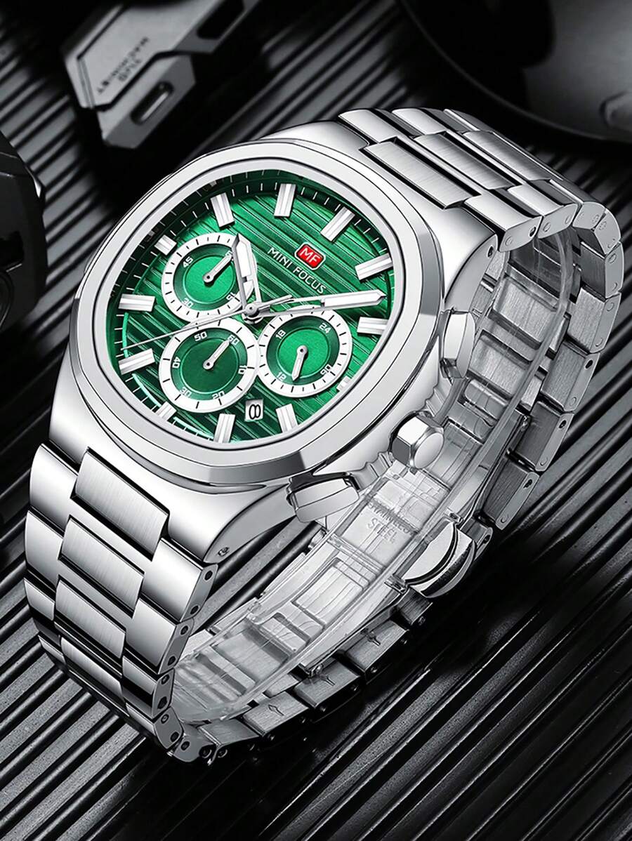 MINIFOCUS 1 Stück Mode Business Quarz Uhr für Herren mit leuchtenden Zeigern, multifunktionalen kleinen Zifferblättern, Kalender, Edelstahl Armband, Luxus Herren Uhr von Topmarke, mit Geschenkbox