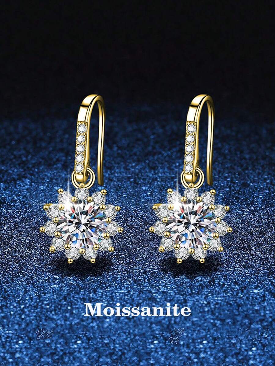 2 Stücke elegante und luxuriöse 925 Sterling Silber 1 Karat gelber Moissanit Schneeflocken Ohrringe, geeignet für den täglichen Gebrauch von Frauen, Hochzeitskette, Ewige Kette, Valentinstag, Muttertag, strahlende Schmuckgeschenke für sie