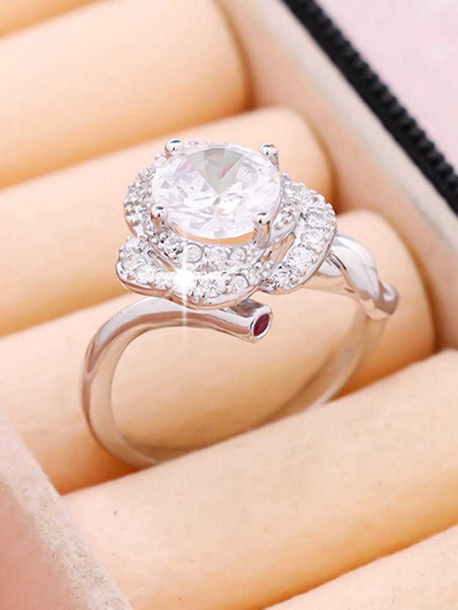 1 peça de anel feminino elegante com design de flor rosa e zircônia cúbica, joia para presente de dia das mães