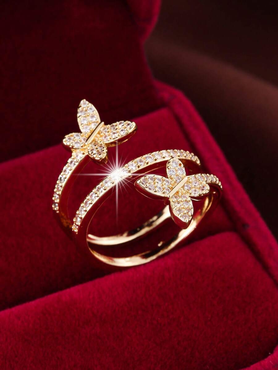 Anillo envolvente abierto con diseño de mariposa, de cobre con circonita sintética, joyería de uso diario ajustable para todas las estaciones