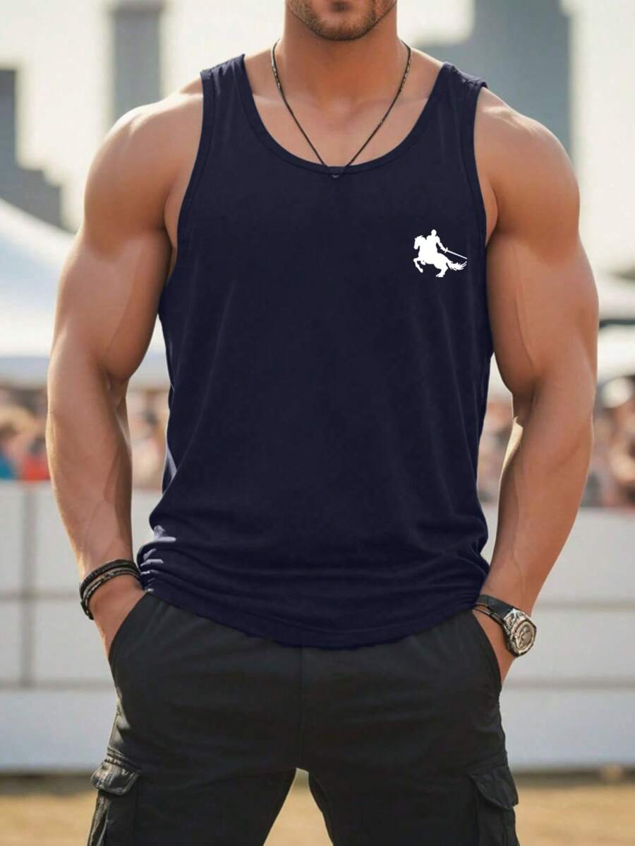 Maglietta canotta casual da uomo con vestibilità ampia e stampa, design creativo di cavaliere a cavallo, tessuto confortevole e traspirante, adatto per uso quotidiano, primavera/estate