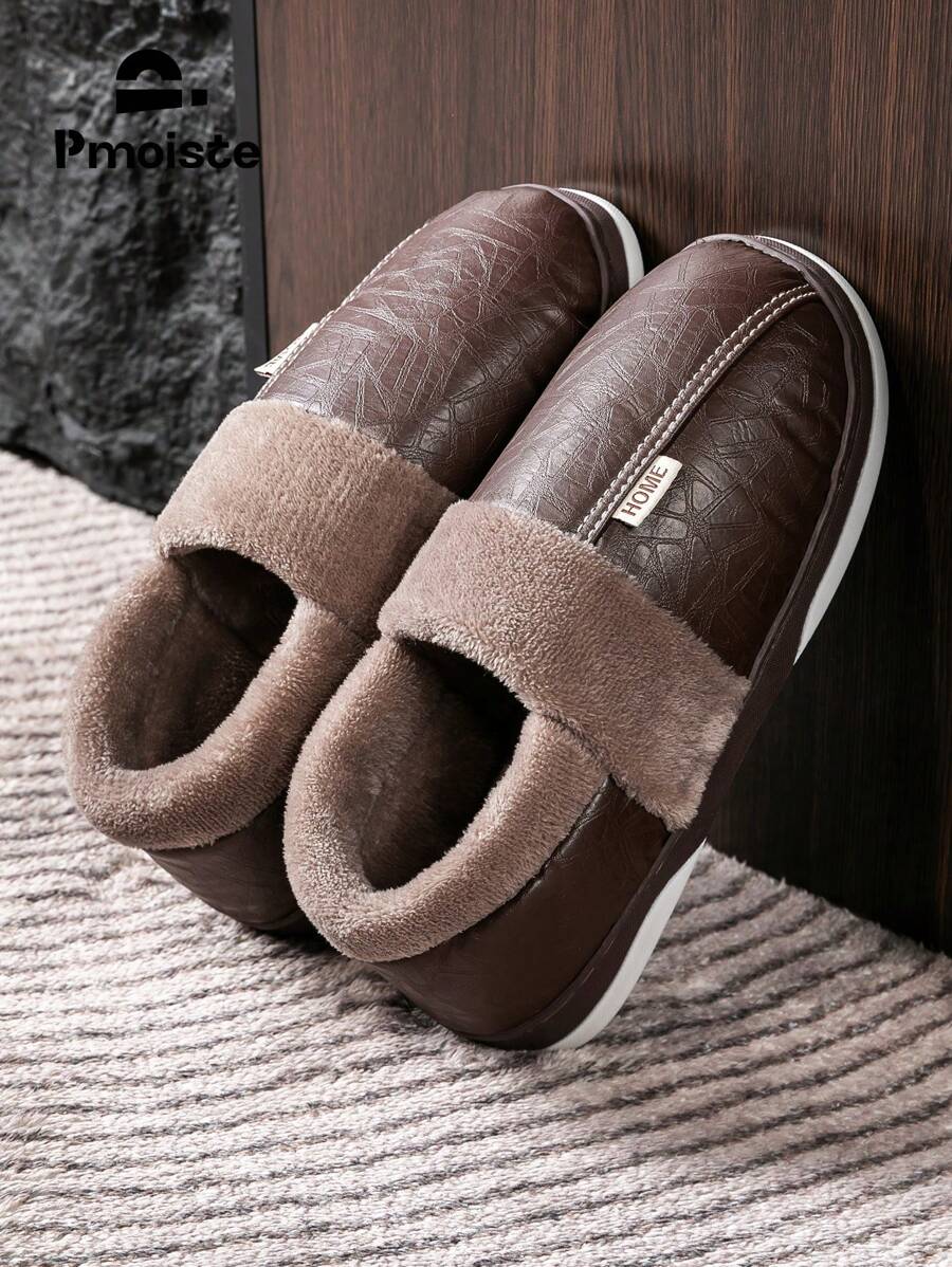 Men House Slippers Warm Plush Waterproof Comfort Cozy Memory Foam Indoor Shoes Winter Non-Slip Soft Male Slipper