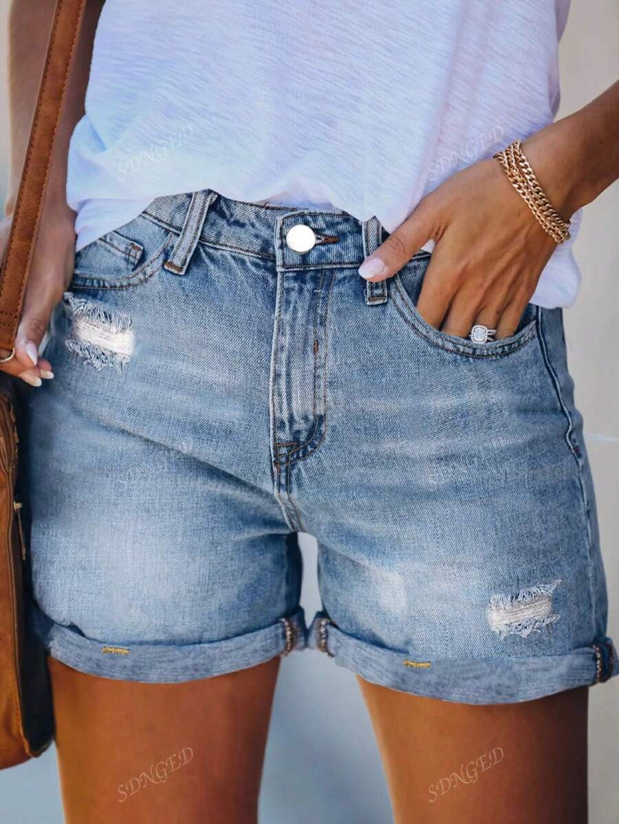 Cross-Border American Street Style New Summer Versatile Vacation Style Loose Simple Casual Hem Worn Solid Color Washed Women's Jeans