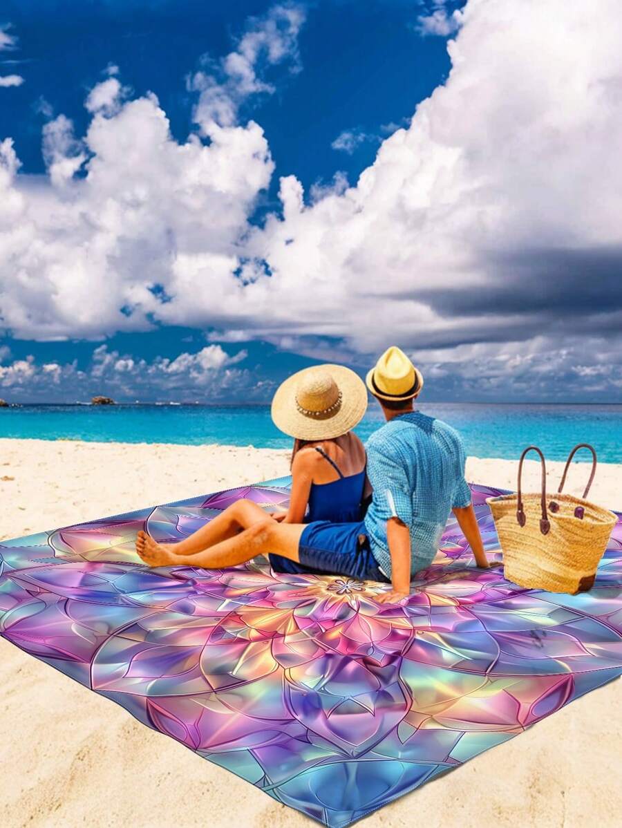 1 Stück Frühling/Sommer Neuer Boho Stil wasserdichte Sand abweisende modische süße Farbverlauf Blumen digital bedruckte Stranddecke, geeignet für Camping, Outdoor-Picknick, Strand