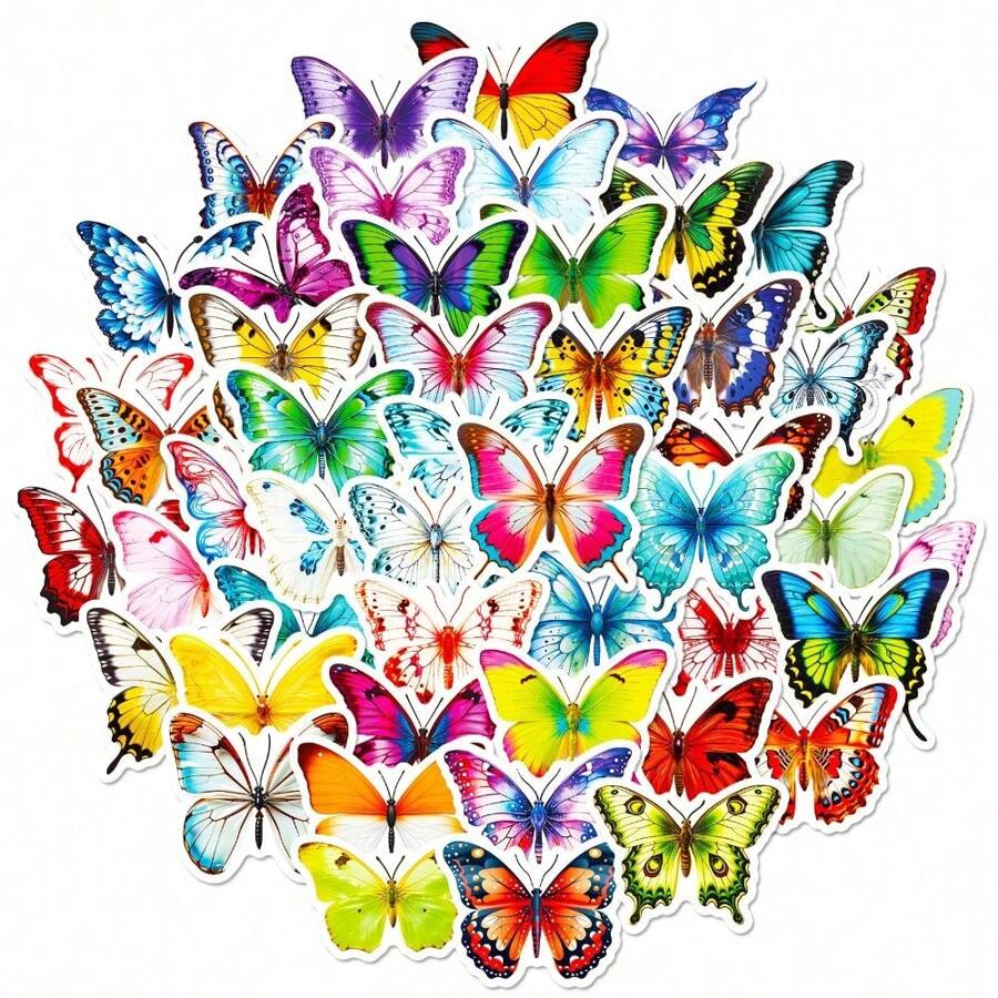 50 piezas de pegatinas creativas con diseño de mariposas de colores, para decorar equipaje, guitarra, cuadernos, tazas de agua