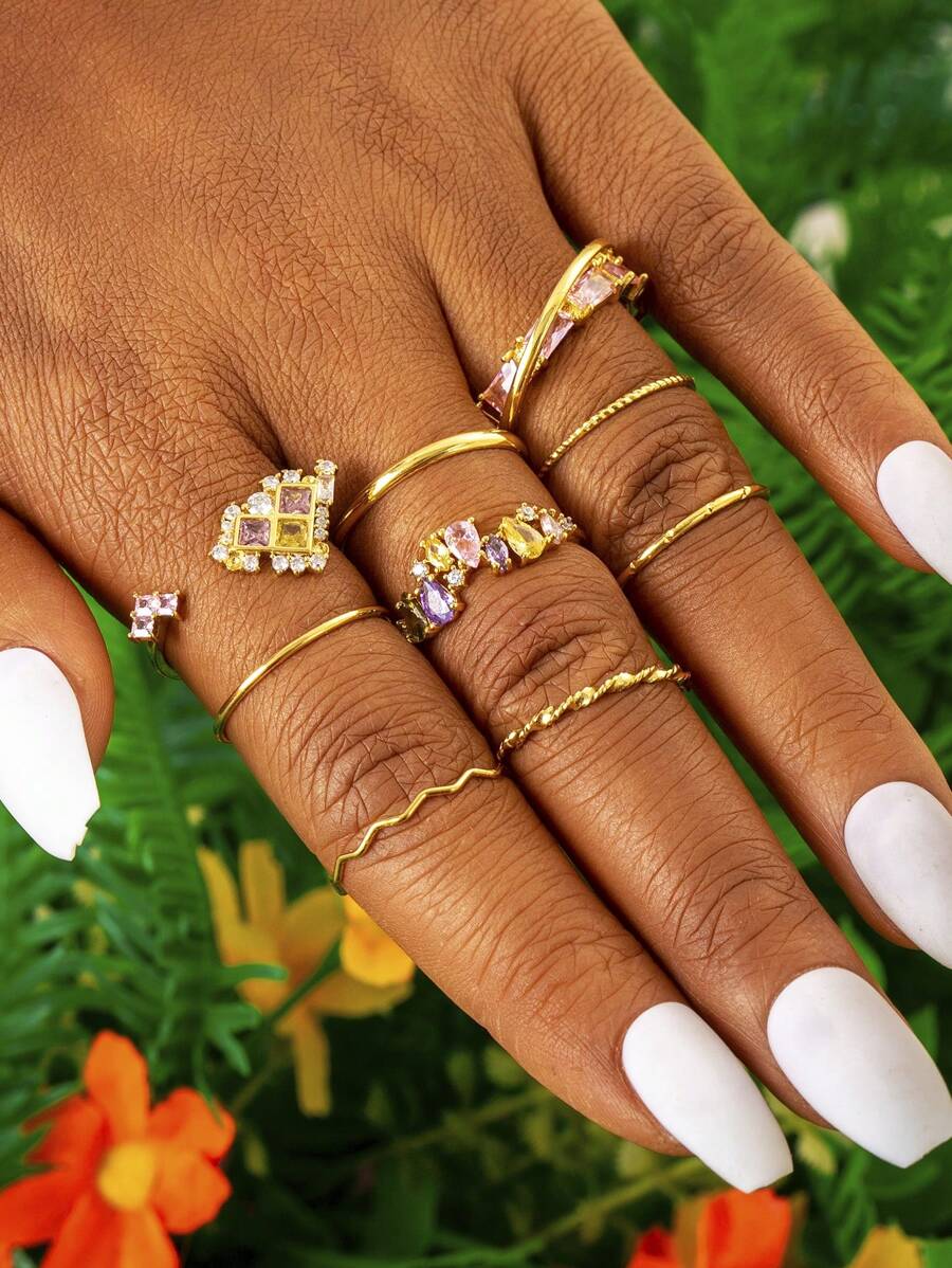 9pcs Delicate Sparkling Copper Electroplated 18K Gold Cubic Zirconia Colorful Geometric Heart Shaped Ring Set, Women Stacking Rings, Knuckle Rings, Daily Jewelry, Gift For Friends