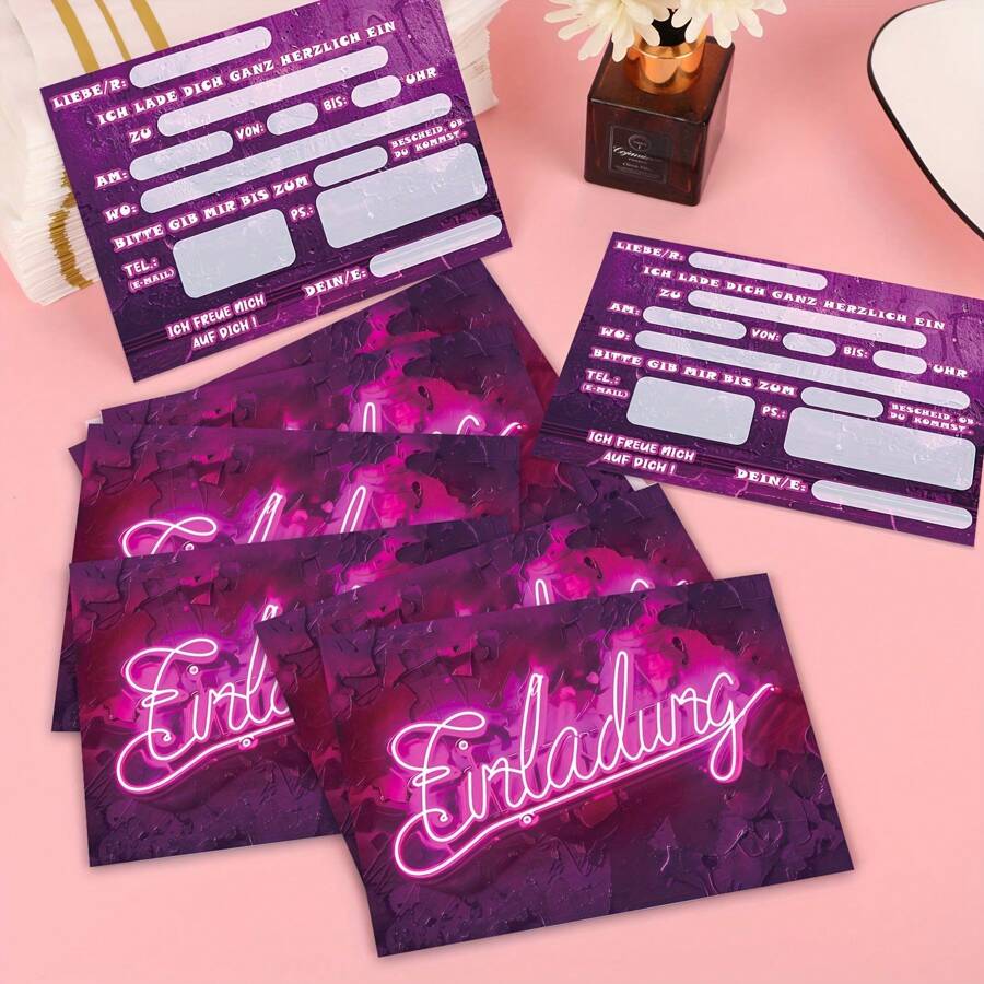 16pcs Neon Graffiti Party Invitation Cards - Lively Night Theme, Birthday & School Event Decorations, German Text, Cartoon Design, No Assembly Required, Birthday Party Decor