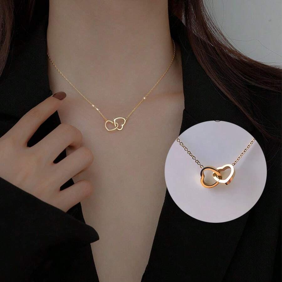 1pc Stainless Steel Shiny Double Heart Necklace, Fashion Jewelry For Women, Suitable For Mother's Day, Valentine's Day, Birthday - Apparel Accessory And Holiday Gift