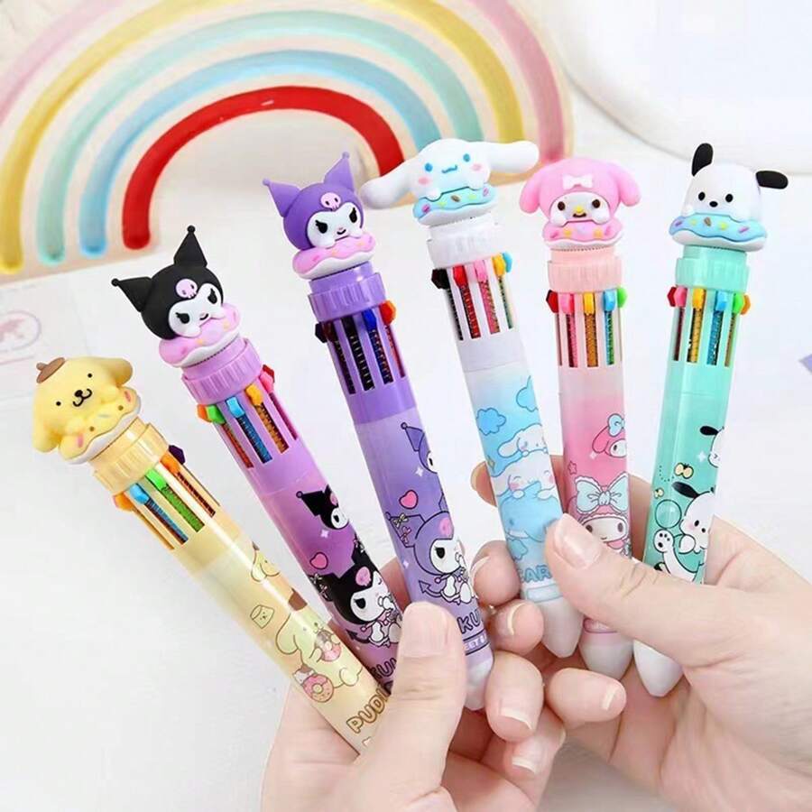 Sanrio Sanrio 2pcs/6pcs/12pcs Kulomi 10 Color Button 0.5mm Ballpoint Pen, Fast Drying Ink That Won't Get Dirty, Multiple Colors For Easy Note Taking, Multi-Purpose, Office Supplies, Holiday Gift 61 Gifts (Random Styles)