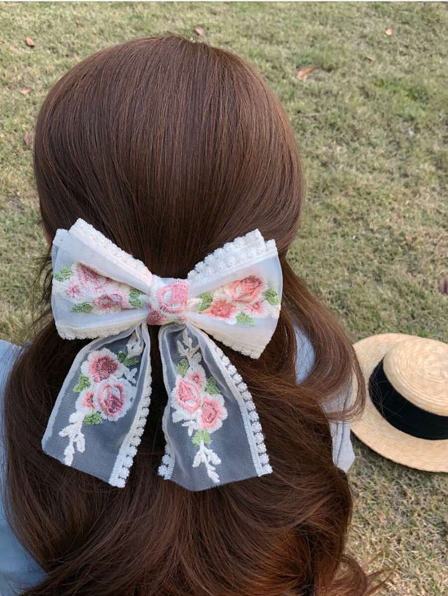 1pc Women's Embroidered Floral Ribbons Big Bow Hair Clip, French Lace Flower Hair Accessory