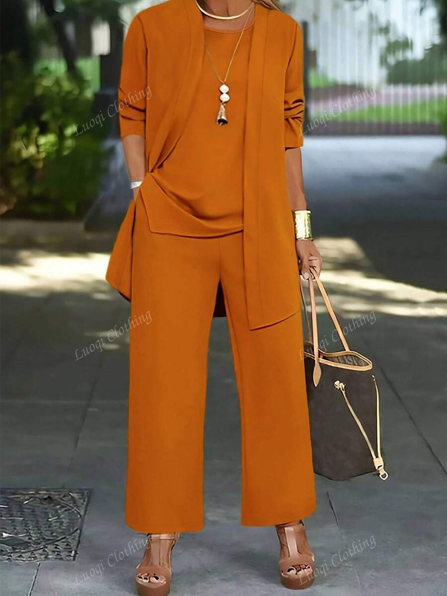 Women's 3-Piece Set: Solid Color Casual Jacket + Sleeveless Round Neck Tank Top + Elastic Waist Drooping Pocket Straight Leg Pants, Spring/Autumn/Winter