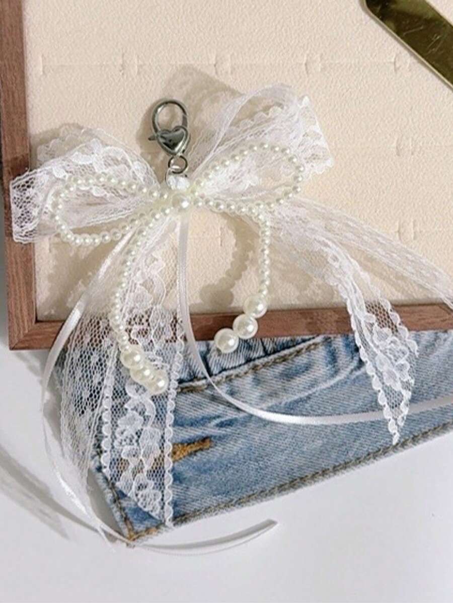 Korean Style Elegant Light Color Ribbons Bow, Faux Pearl Keychain Pendant, Sweet Lace Bag Accessory Car Accessories Bag Charm School Pearl Cute Goth Y2k