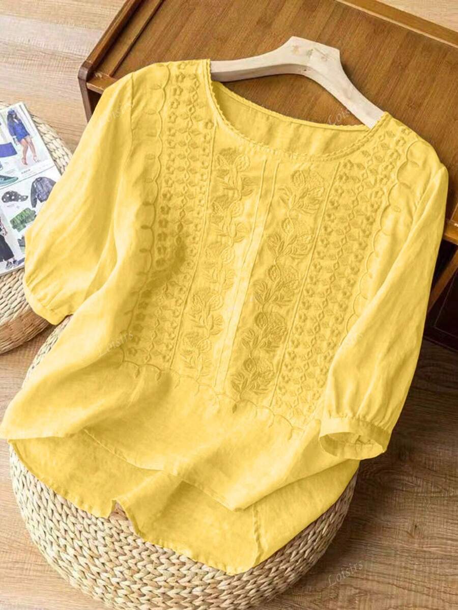Women's Embroidery Loose Retro Casual Short Sleeve Blouse, Spring/Summer