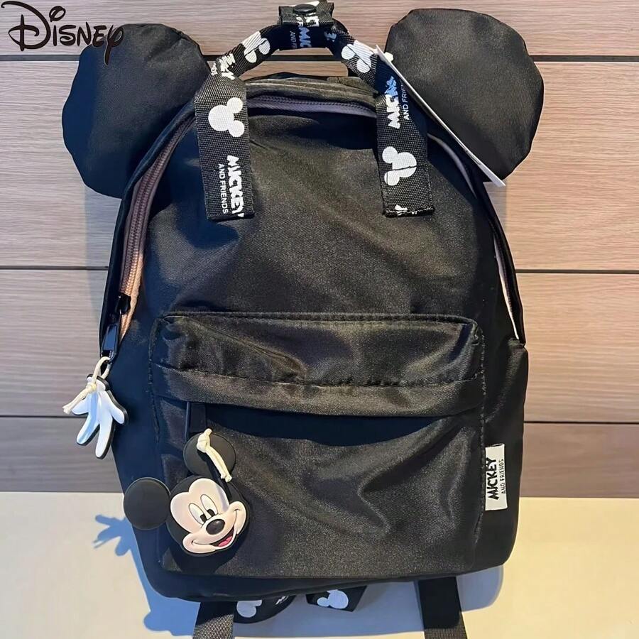 Disney 1pc Mickey Mouse Lightweight Black Nylon Backpack, Polyester Lining + Front Zip Pocket, Versatile Commute/School Accessory School Supplies, Back To School