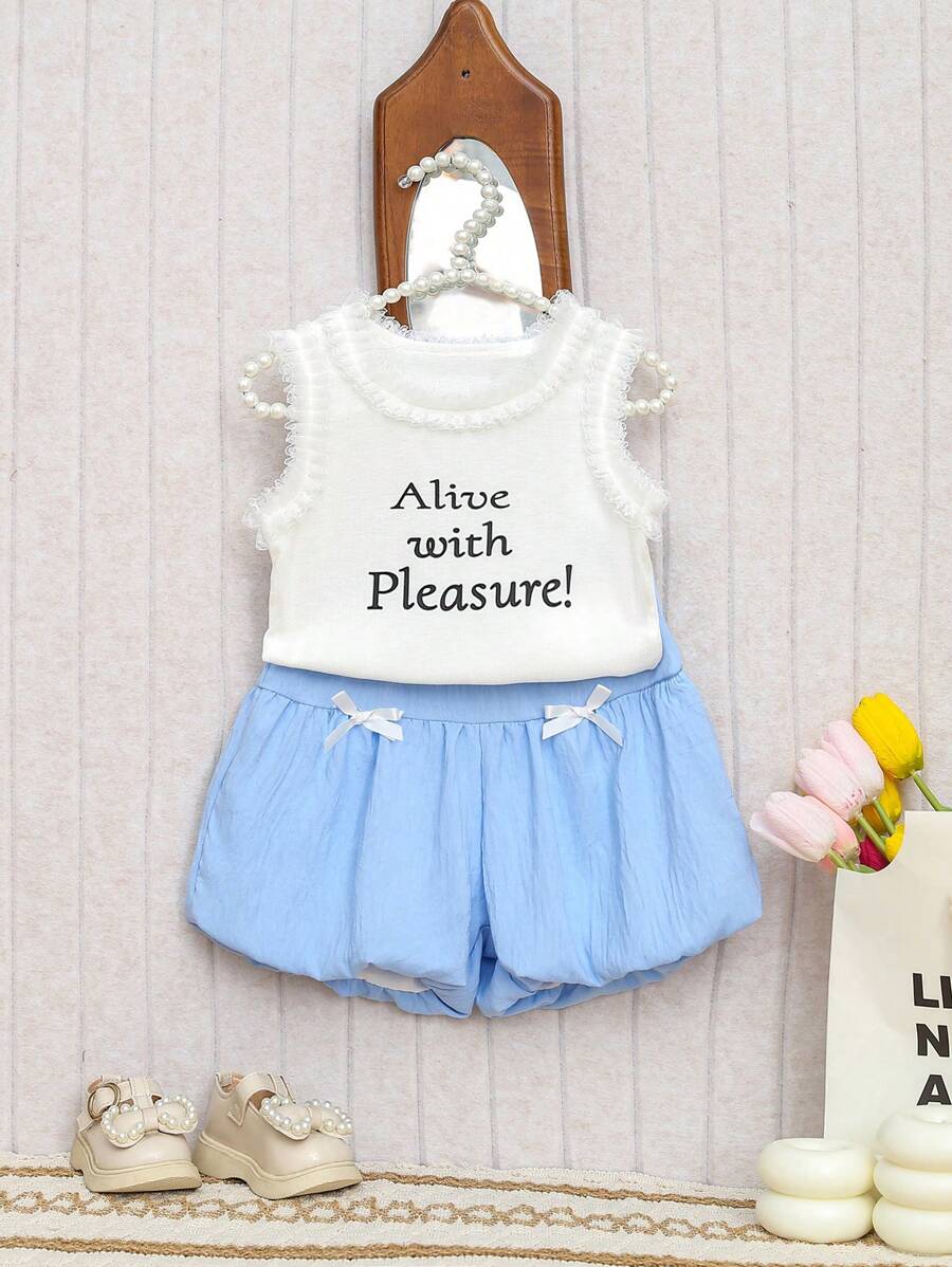2pcs/Set Girls Round Neck Lace Trim Floral Print Sleeveless Tank Top + Bowknot Lantern Shorts Outfit, Summer