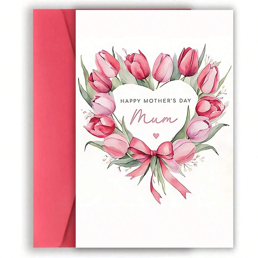 1 pièce, Carte pour la fête des mères avec motif floral (avec enveloppe). Fleurs entourées d'un motif en forme de cœur. Convient pour toute occasion, parfaite carte de vœux pour les mères le jour de la fête des mères (12 cm / 4,7 po x 17 cm / 6,7 po)