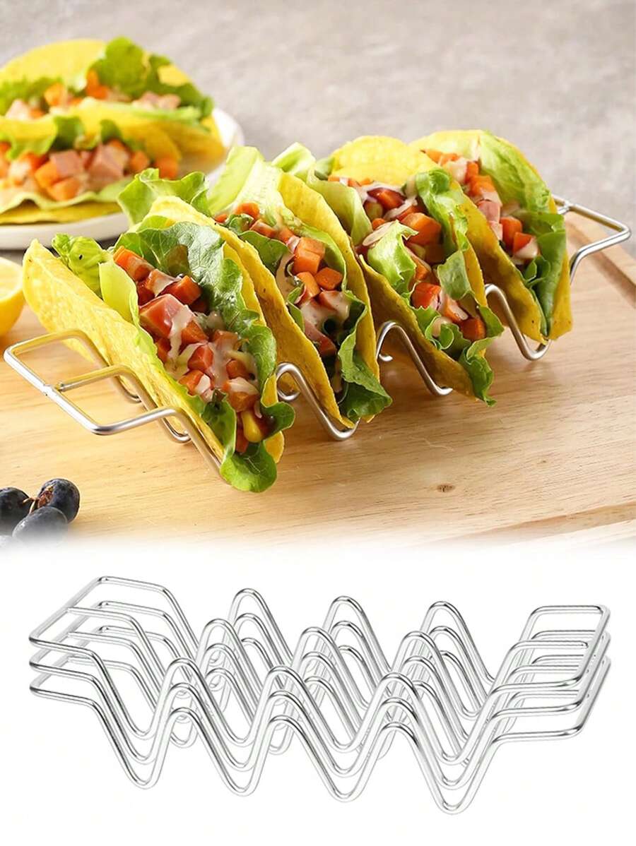 1 pieza/2 piezas Soporte para tacos, bandeja estilo estante de acero inoxidable para tacos, apta para hornear en horno, lavavajillas y parrilla, soporte multicompartimentos para tacos, organizador de superficie para sándwiches, soporte para tortillas mexicanas y herramienta de sujeción