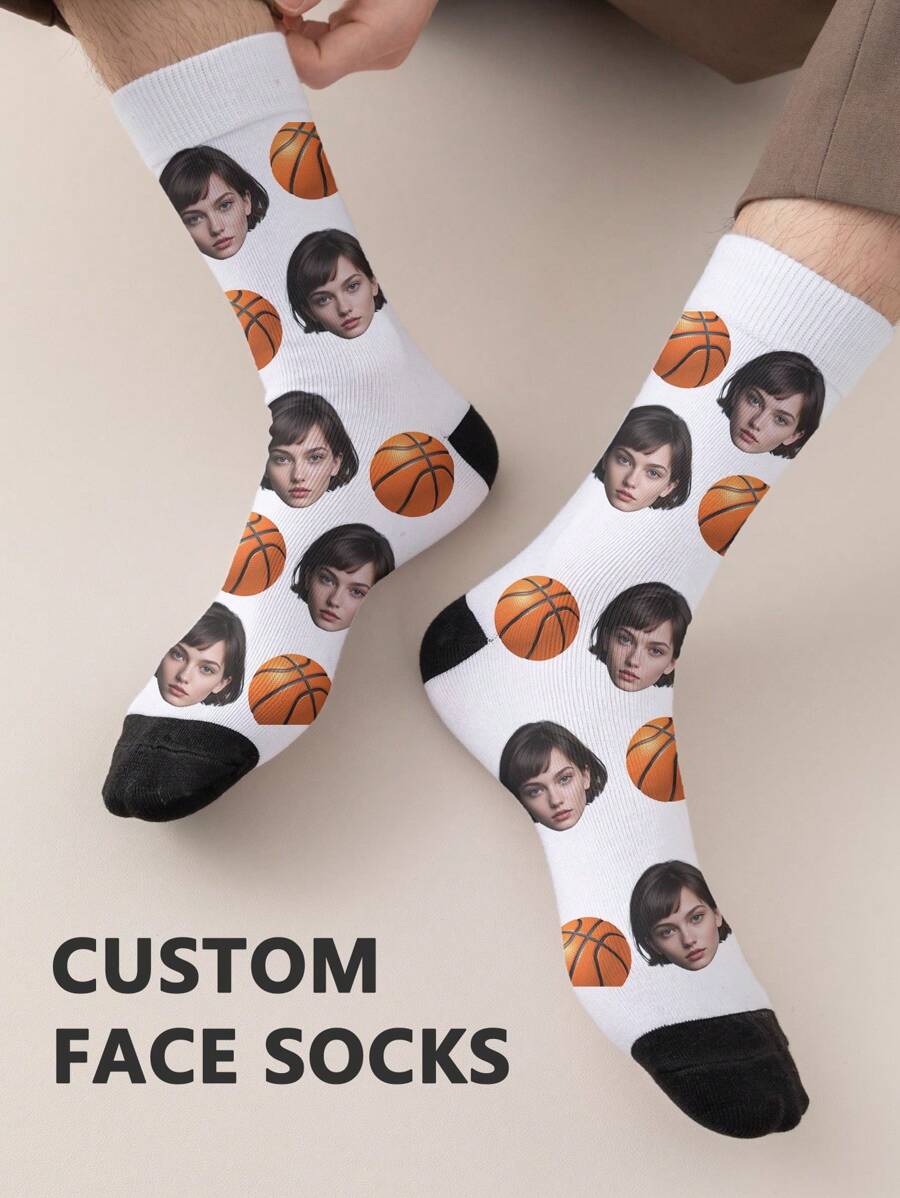 1 Pair Of Customized Face Men's Mid Tube Socks, Put Any Face On Socks, Personalized Socks For With Photos, Interesting Customized Picture Pairs With Medium To Long Socks