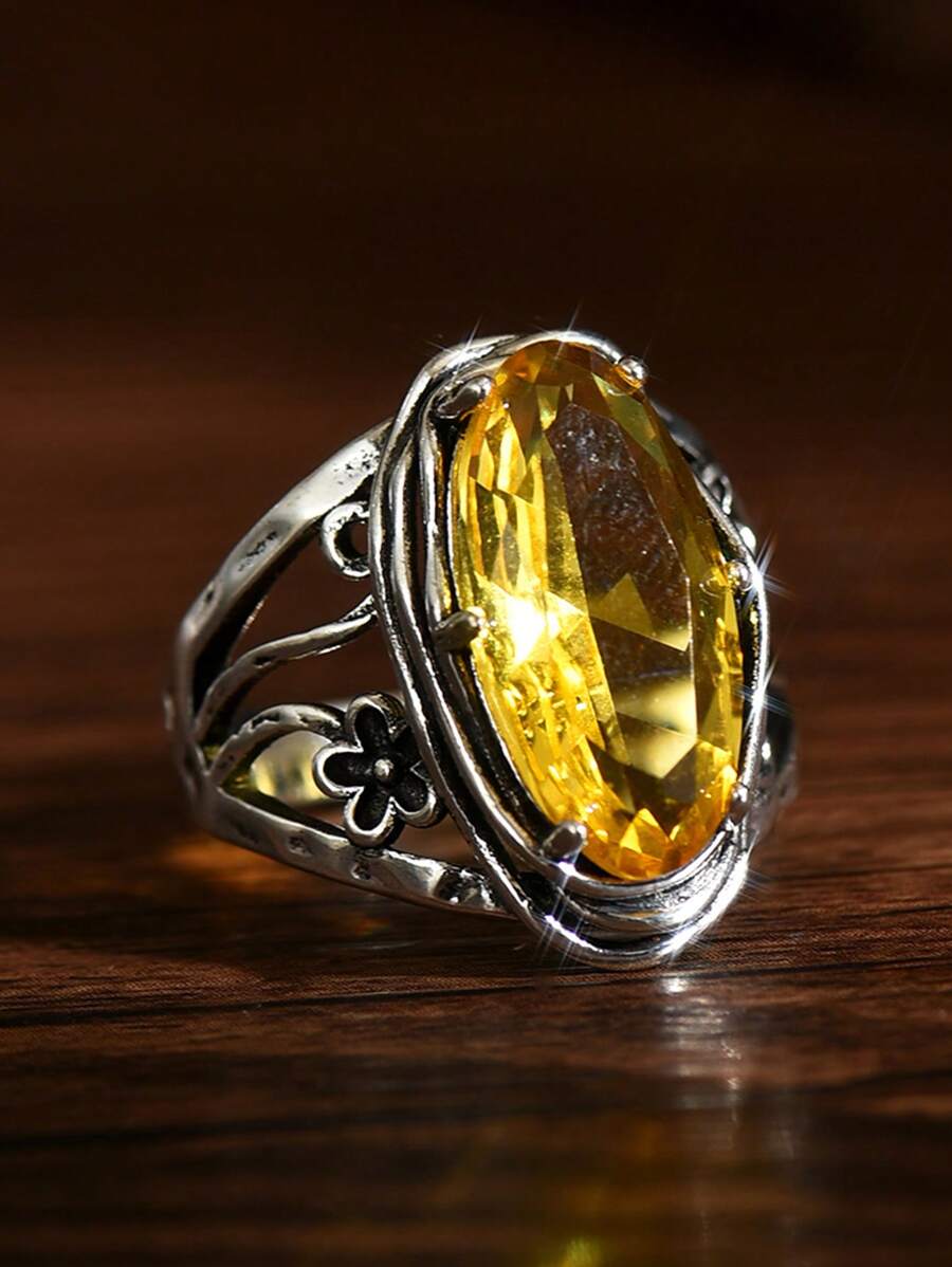1pc Boho Style Vintage Silver Oversized Golden Cubic Zirconia Women's Ring, Wedding/Engagement/Promise Ring For Daily Wear