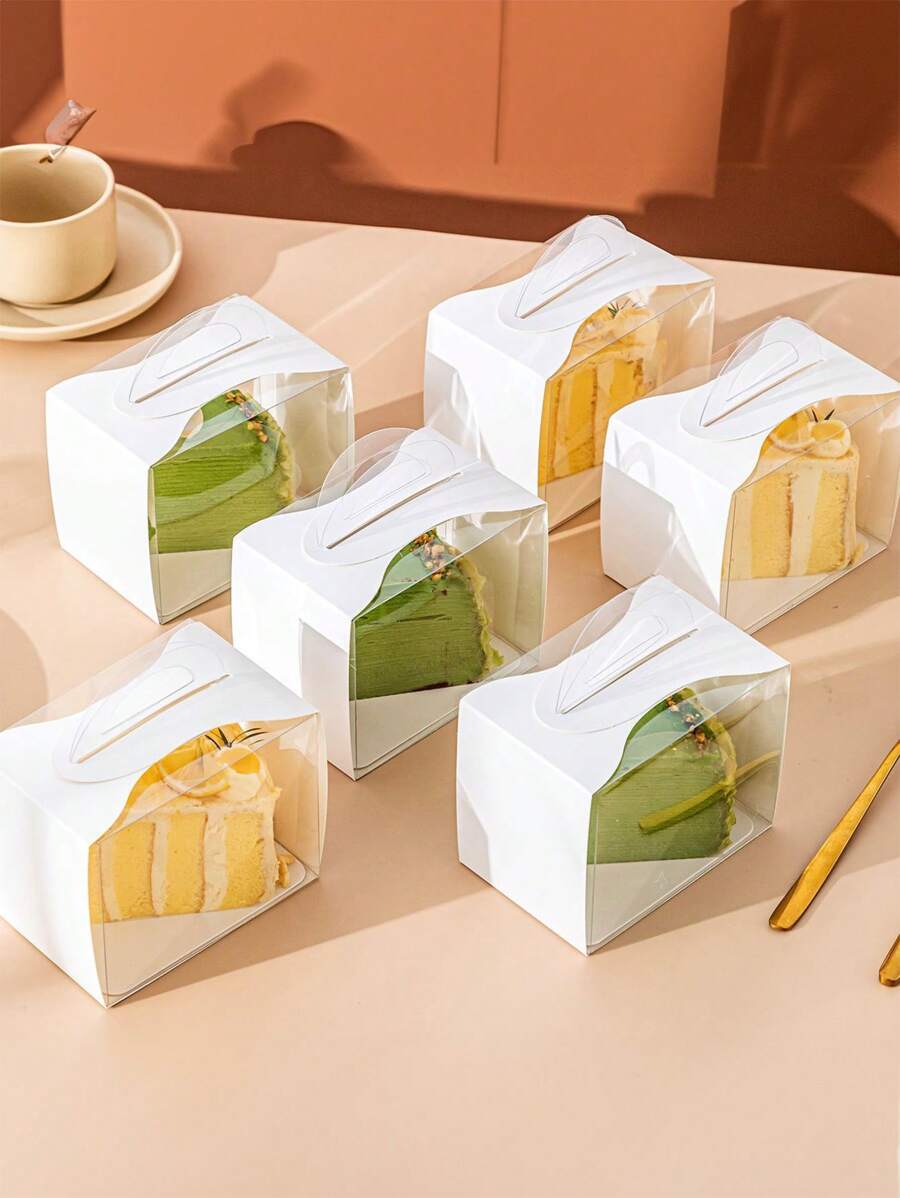 5pcs/Set White Transparent Window Cake Boxes With Base, Two Shapes Available, Material, Suitable For Cake Shops, Dessert Shops, Household Use, Gift Packaging, Great Cake Packaging Box (No Stickers Included)